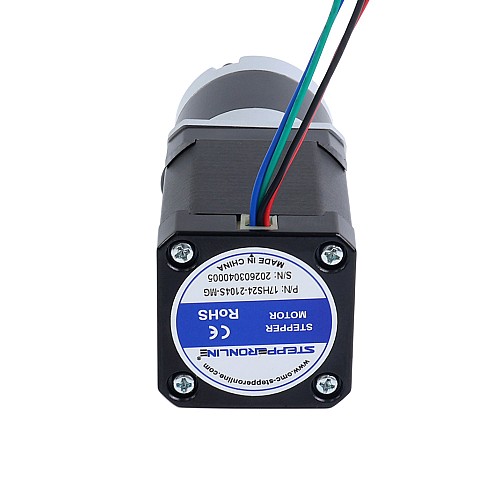 Motor paso a paso Nema 17 bipolar L=60mm w/ con caja de cambios planetaria serie MG relación de reducción 100:1 - 17HS24-2104S-MG100 | StepperOnline