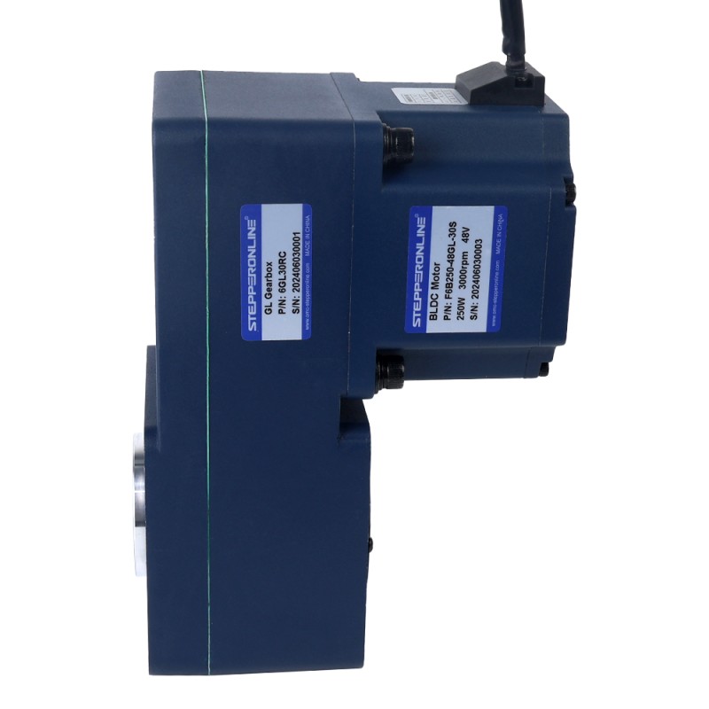 Motor BLDC de engranajes 48V 250W 100RPM 20,00Nm(2832,23oz.in) 30:1 con caja de cambios de eje hueco paralelo