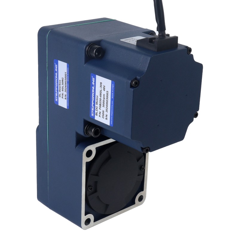 Motor BLDC de engranajes 48V 250W 100RPM 20,00Nm(2832,23oz.in) 30:1 con caja de cambios de eje hueco paralelo