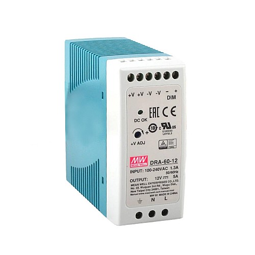 DRA-60-12 MEANWELL 60W 12VDC 5A 115/230VAC Fuente de Alimentación conmutada de salida única DRA-60-12 MEANWELL 60W 12VDC 5A 115/230VAC Fuente de Alimentación conmutada de salida única