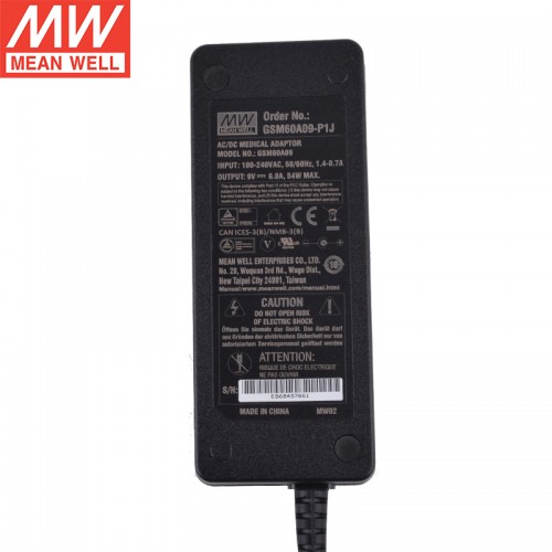 GSM60A09-P1J MEANWELL 54W 9VDC 6A 115/230VACAC-DCAdaptador médicoVerde confiable