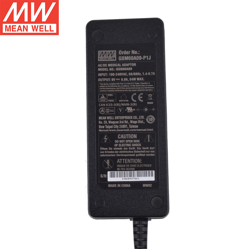 GSM60A09-P1J MEANWELL 54W 9VDC 6A 115/230VACAC-DCAdaptador médicoVerde confiable