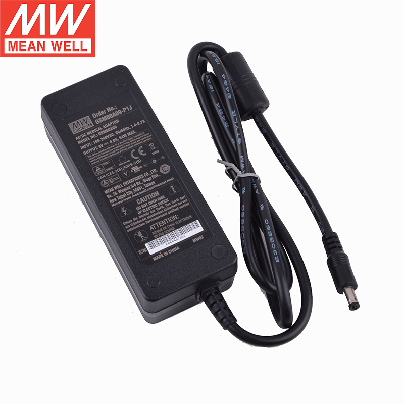 GSM60A09-P1J MEANWELL 54W 9VDC 6A 115/230VACAC-DCAdaptador médicoVerde confiable