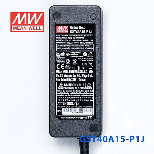 GST40A15-P1J MEANWELL 40W 15VDC 2.67A 115/230VACAC-DCAdaptador industrialVerde confiable