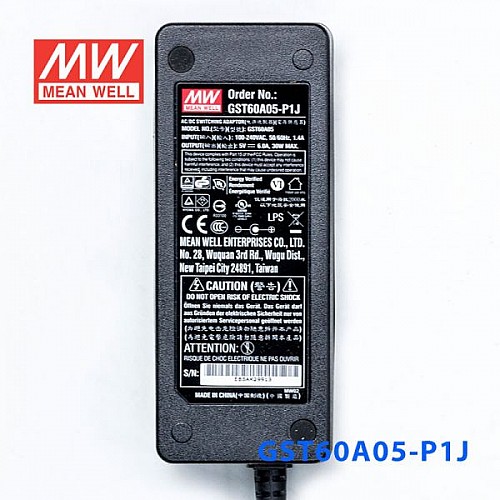 GST60A05-P1J MEANWELL 30W 5VDC 6A 115/230VACAC-DCAdaptador industrialVerde confiable