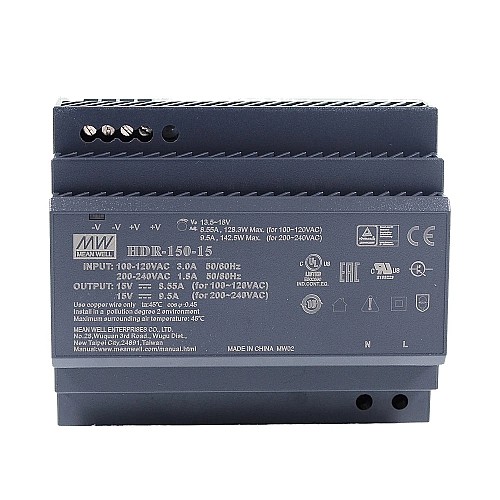 15VDC 8.55A 128.3W 115VAC/9.5A 142.5W 230VAC Fuente deAlimentación de carril DIN 15VDC 8.55A 128.3W 115VAC/9.5A 142.5W 230VAC Fuente deAlimentación de carril DIN