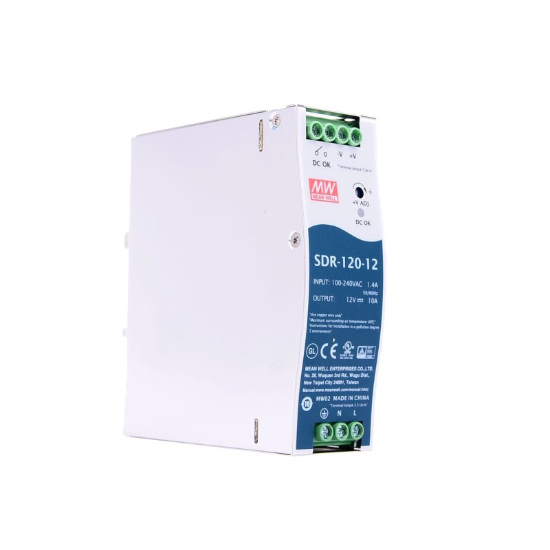 SDR-120-12 MEANWELL 120W 12VDC 10A 115/230VAC Salida única Industrial DIN RAIL con función PFC SDR-120-12 MEANWELL 120W 12VDC 10A 115/230VAC Salida única Industrial DIN RAIL con función PFC