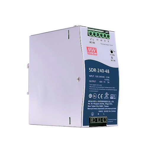 SDR-240-48 MEANWELL 240W 48VDC 5A 115/230VAC Salida única Industrial DIN RAIL con función PFC