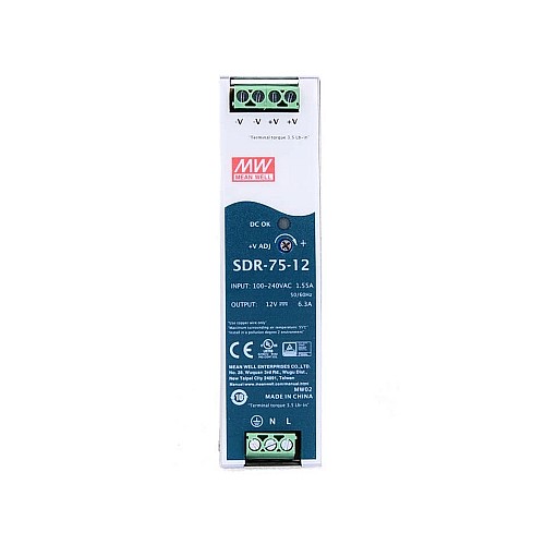 SDR-75-12 MEANWELL 75.6W 12VDC 6.3A 115/230VAC Fuente deAlimentación de riel DIN