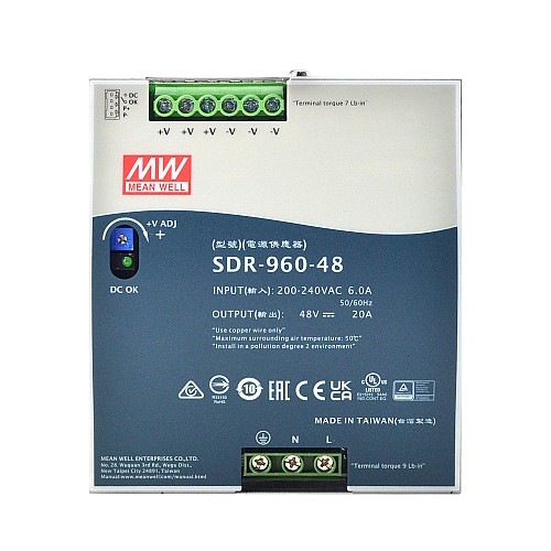 SDR-960-48 MEANWELL 960W 48VDC 20A 230VAC con función PFC Fuente de Alimentación de riel DIN SDR-960-48 MEANWELL 960W 48VDC 20A 230VAC con función PFC Fuente de Alimentación de riel DIN