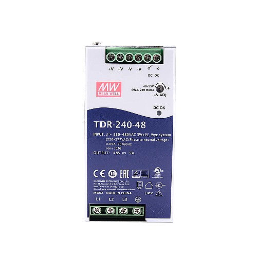 TDR-240-48 MEANWELL 240W 48VDC 5A 400/500VAC Riel DIN industrial trifásico delgado con función PFC TDR-240-48 MEANWELL 240W 48VDC 5A 400/500VAC Riel DIN industrial trifásico delgado con función PFC