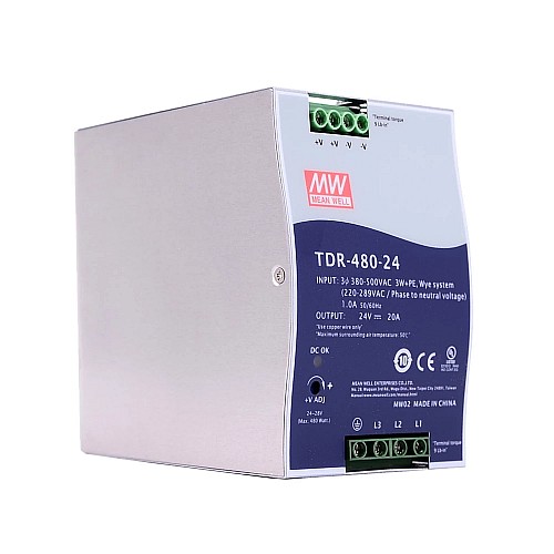 TDR-480-24 MEANWELL 480W 24VDC 20A 400/500VAC Riel DIN industrial trifásico delgado con función PFC
