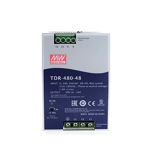 TDR-480-48 MEANWELL 480W 48VDC 10A 400/500VAC Riel DIN industrial trifásico delgado con función PFC TDR-480-48 MEANWELL 480W 48VDC 10A 400/500VAC Riel DIN industrial trifásico delgado con función PFC