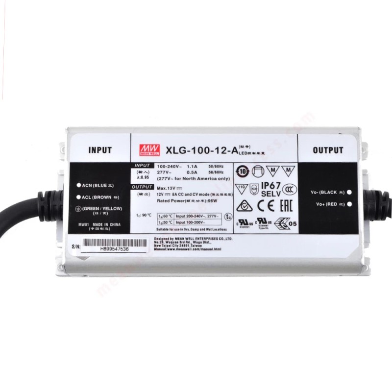 XLG-100-12-A MEANWELL 96W 12VDC 8A 115/230VAC Driver LED de modo de potencia constante