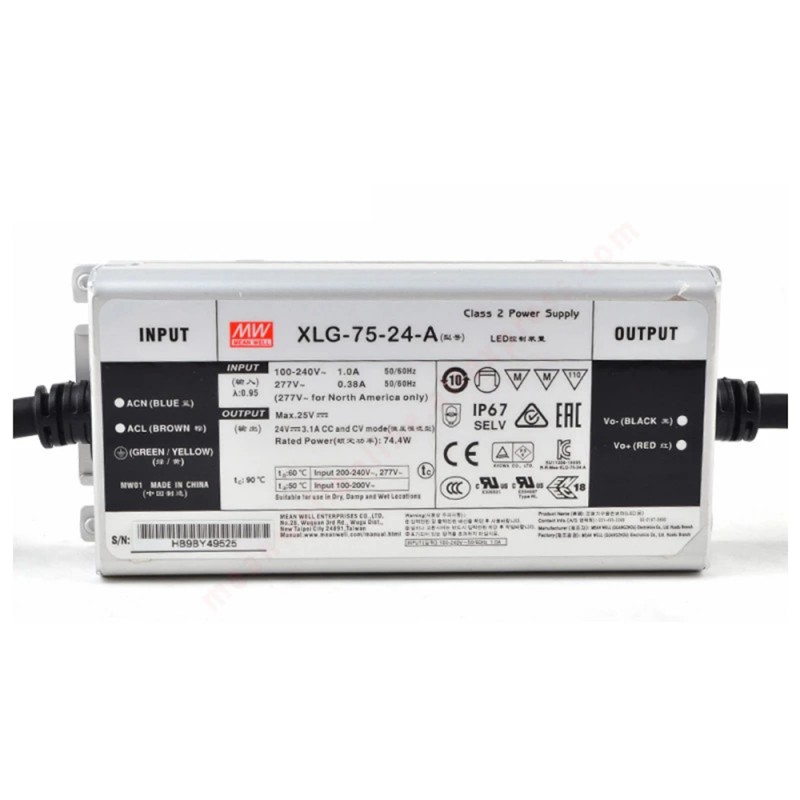 XLG-75-24-A MEANWELL 74.4W 24VDC 3.1A 115/230VAC Driver LED de modo de potencia constante