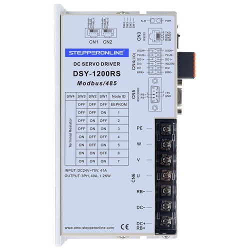 Servomotor de DC RS485 de 1000W, serie DSY, 24-70VDC, 3,20Nm, 3000rpm, codificador incremental de 17 bits, IP65 - DSY-RS1000L2A2-M17S | StepperOnline