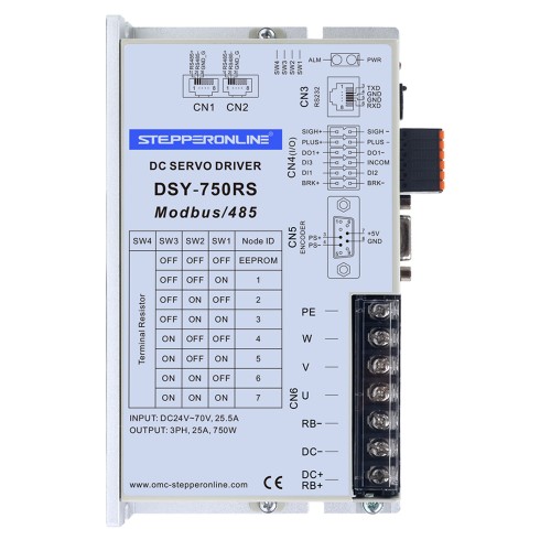 Servomotor de DC RS485 de 750W, serie DSY, 24-70VDC, 2,39Nm con freno, 3000rpm, codificador incremental de 17 bits, IP65 - DSY-RS750L2B2-M17S | StepperOnline