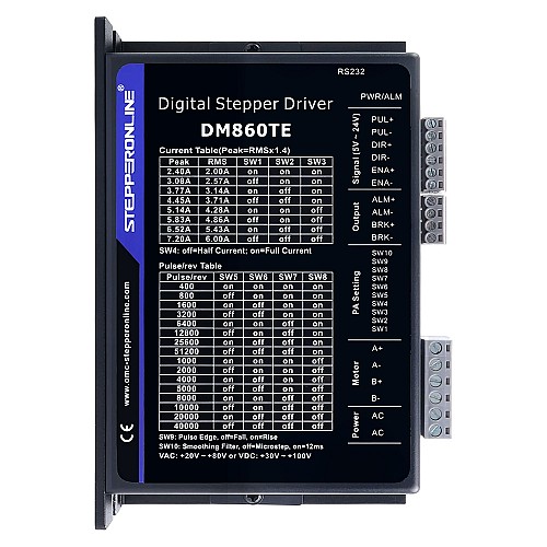 Controlador paso a paso digital serie TE 2,4-7,2A 20-80VAC/30-100VDC para motor Nema 34 - DM860TE | StepperOnline Controlador paso a paso digital serie TE 2,4-7,2A 20-80VAC/30-100VDC para motor Nema 34 - DM860TE | StepperOnline